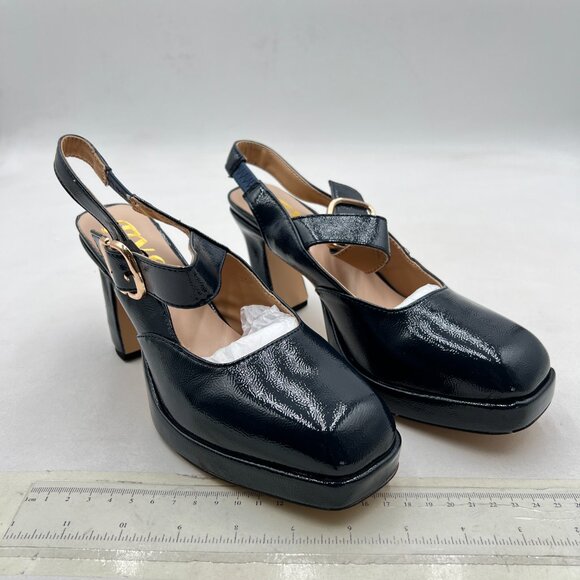 FYS Black Platform Square Toe Pumps Block High Heel Mary Janes Slingback Shoes - Picture 4 of 8